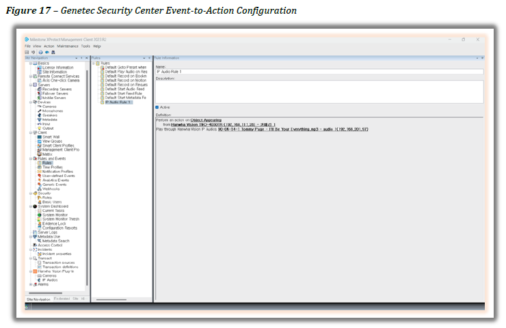 Figure 17 – Genetec Security Center Event-to-Action Configuration